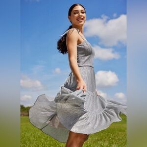 Dress the Population Dream Silver Metallic Midi Dress Adjustable Straps